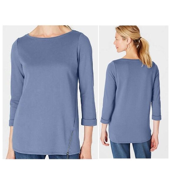 J. Jill Boat Neck Side Zip 3/4 Sleeve Knit Top Blouse Color is Sesport Blue Med - Picture 1 of 12